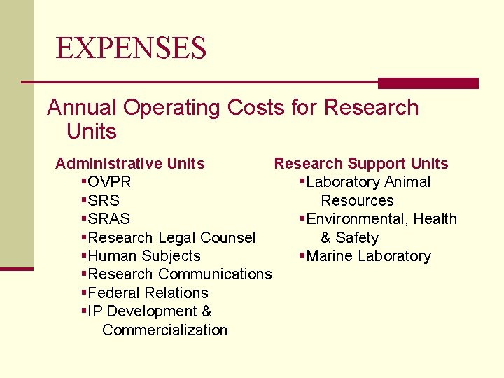 EXPENSES Annual Operating Costs for Research Units Administrative Units Research Support Units §OVPR §Laboratory