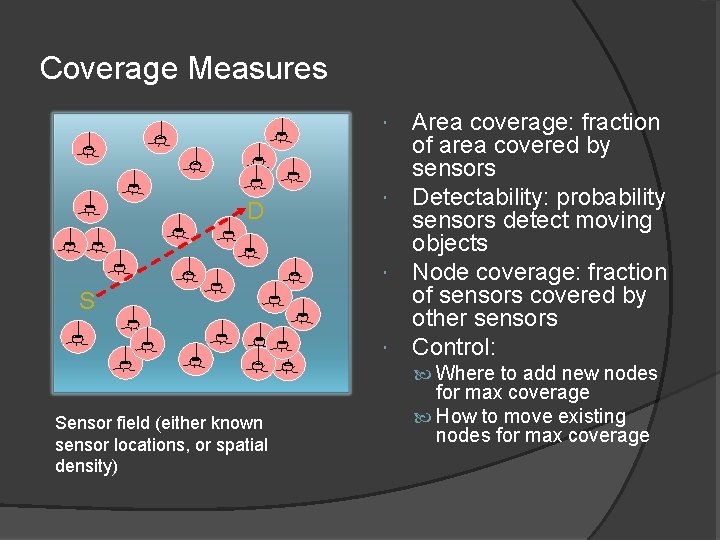 Coverage Measures D S Area coverage: fraction of area covered by sensors Detectability: probability