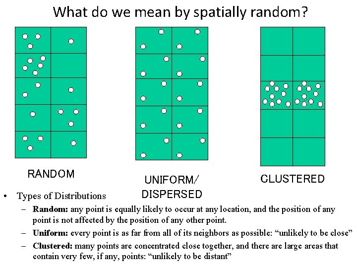 What do we mean by spatially random? RANDOM • Types of Distributions UNIFORM/ DISPERSED