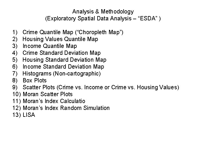 Analysis & Methodology (Exploratory Spatial Data Analysis – “ESDA” ) 1) 2) 3) 4)