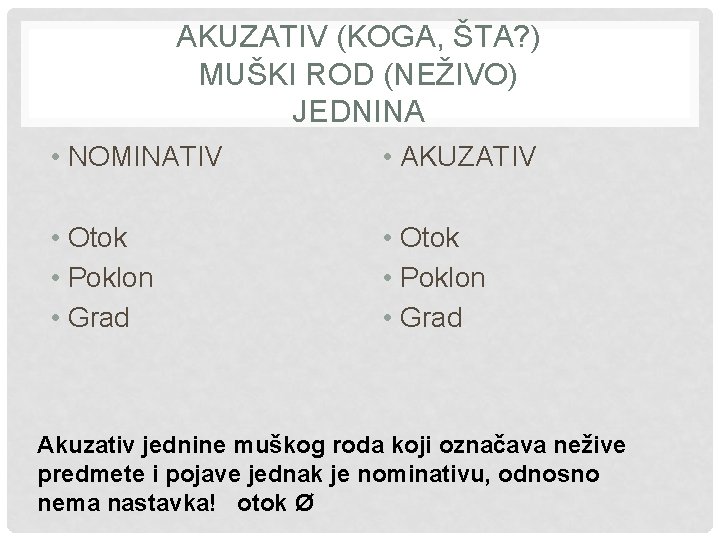 AKUZATIV (KOGA, ŠTA? ) MUŠKI ROD (NEŽIVO) JEDNINA • NOMINATIV • AKUZATIV • Otok