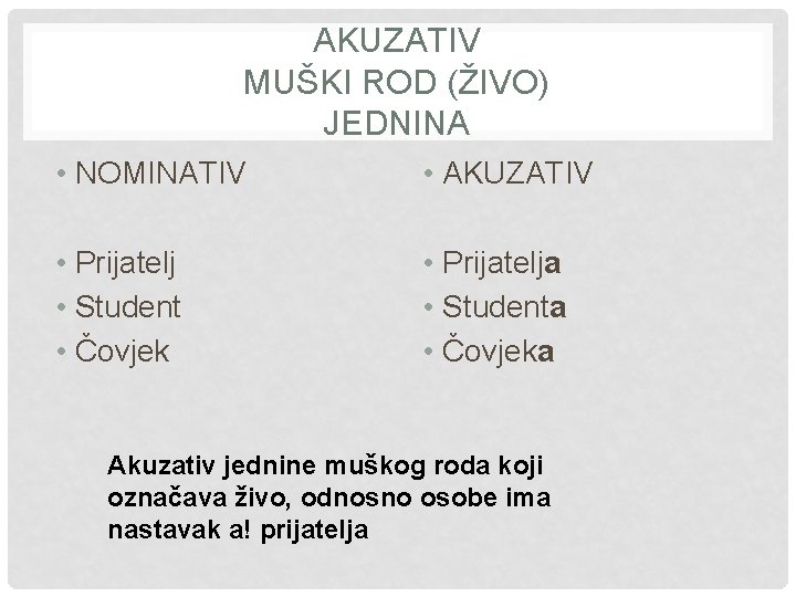 AKUZATIV MUŠKI ROD (ŽIVO) JEDNINA • NOMINATIV • AKUZATIV • Prijatelj • Student •