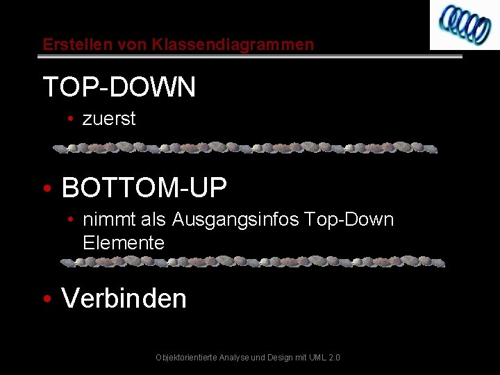 Erstellen von Klassendiagrammen TOP-DOWN • zuerst • BOTTOM-UP • nimmt als Ausgangsinfos Top-Down Elemente