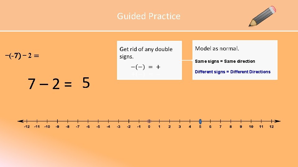 Guided Practice (-7) 2 = 7 – 2 = 5 Model as normal. Same