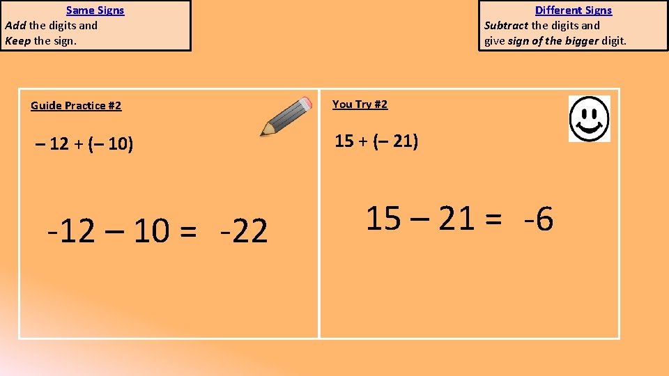 Same Signs Add the digits and Keep the sign. Guide Practice #2 – 12