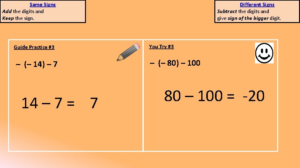 Same Signs Add the digits and Keep the sign. Guide Practice #3 – (–