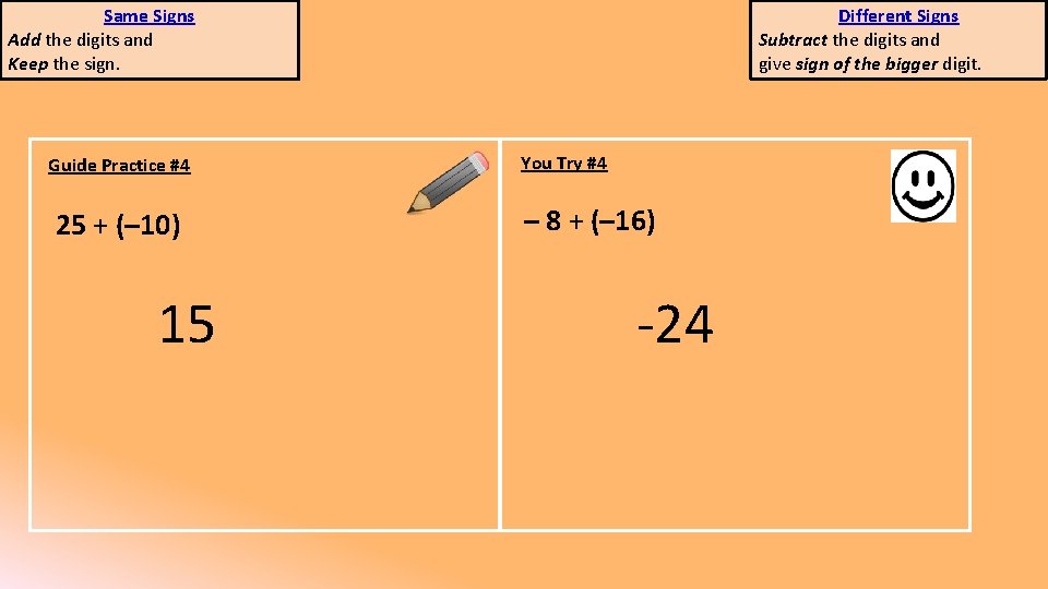 Same Signs Add the digits and Keep the sign. Guide Practice #4 25 +