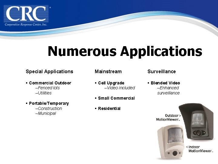Numerous Applications Special Applications Mainstream Surveillance § Commercial Outdoor –Fenced lots –Utilities § Cell