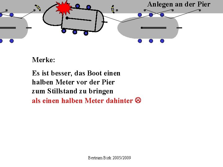 Anlegen an der Pier Merke: Es ist besser, das Boot einen halben Meter vor