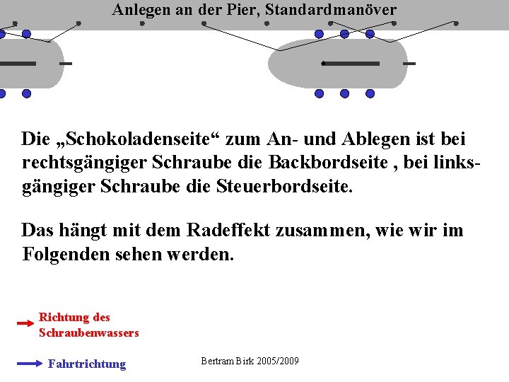 Anlegen an der Pier, Standardmanöver Die „Schokoladenseite“ zum An- und Ablegen ist bei rechtsgängiger