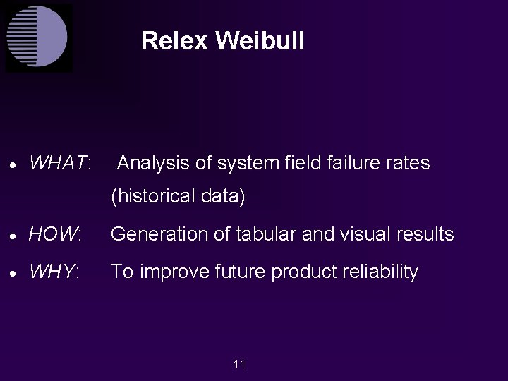 Relex Weibull · WHAT: Analysis of system field failure rates (historical data) · HOW: