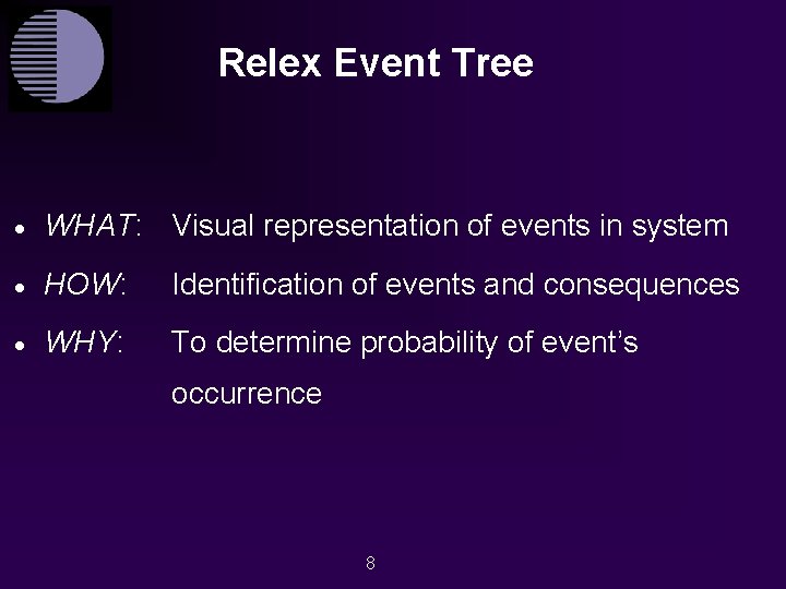 Relex Event Tree · WHAT: Visual representation of events in system · HOW: Identification