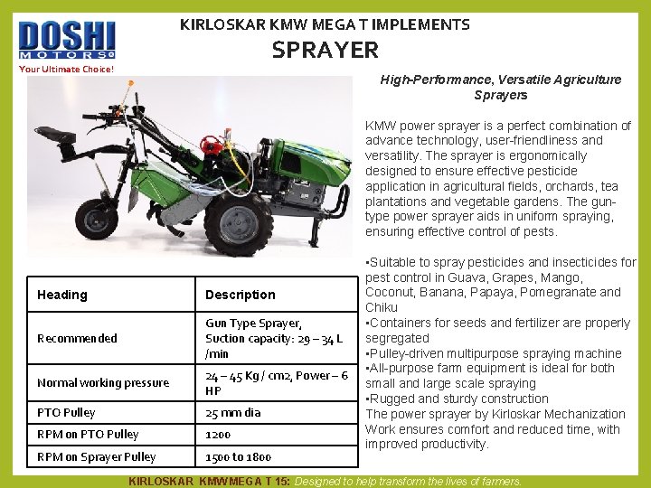 KIRLOSKAR KMW MEGA T IMPLEMENTS SPRAYER Your Ultimate Choice! High-Performance, Versatile Agriculture Sprayers KMW