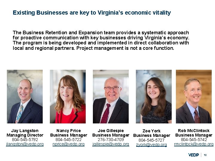 Existing Businesses are key to Virginia’s economic vitality The Business Retention and Expansion team