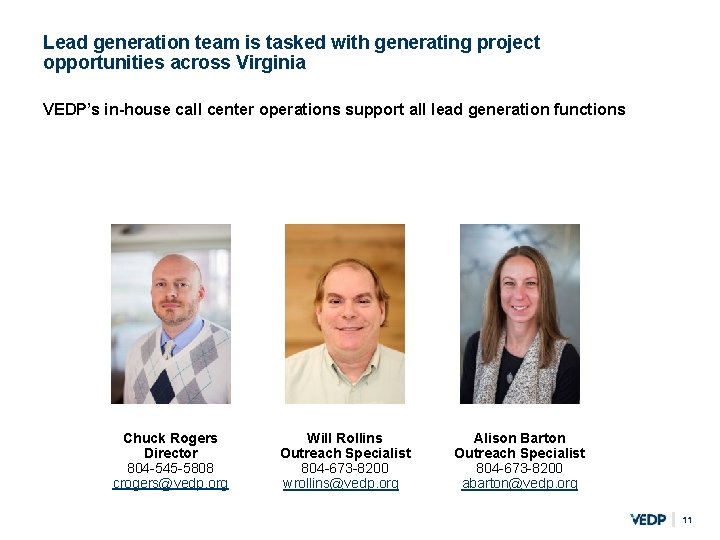 Lead generation team is tasked with generating project opportunities across Virginia VEDP’s in-house call