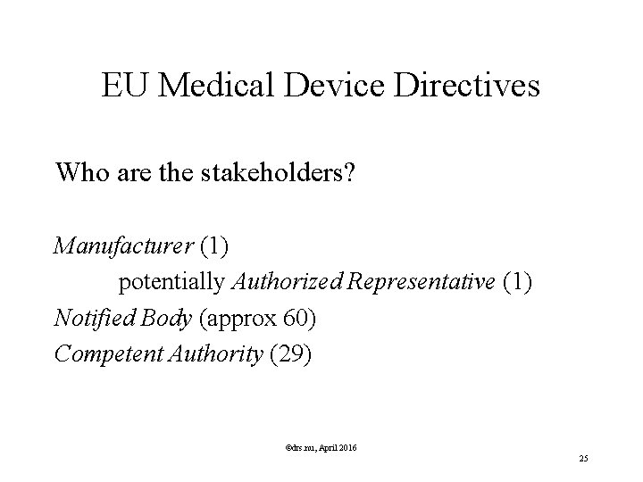 EU Medical Device Directives Who are the stakeholders? Manufacturer (1) potentially Authorized Representative (1)
