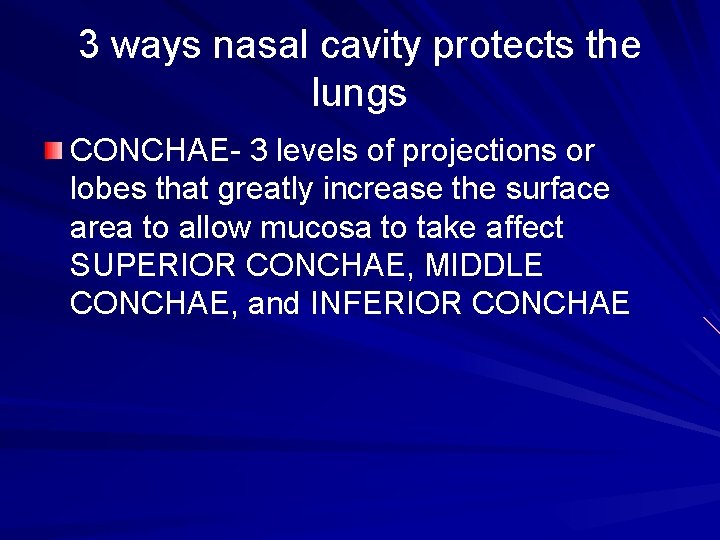 3 ways nasal cavity protects the lungs CONCHAE- 3 levels of projections or lobes