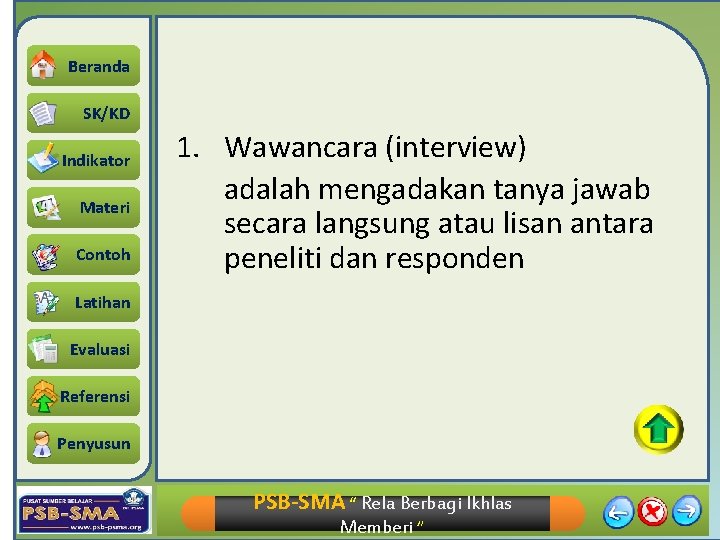 Beranda SK/KD Indikator Materi Contoh 1. Wawancara (interview) adalah mengadakan tanya jawab secara langsung