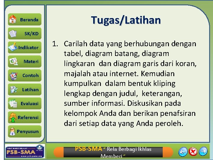 Beranda Tugas/Latihan SK/KD Indikator Materi Contoh Latihan Evaluasi Referensi 1. Carilah data yang berhubungan