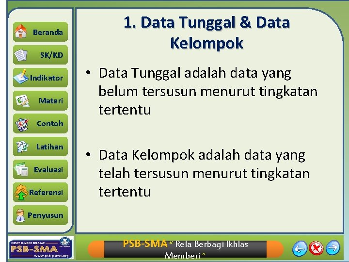Beranda SK/KD Indikator Materi Contoh Latihan Evaluasi Referensi 1. Data Tunggal & Data Kelompok