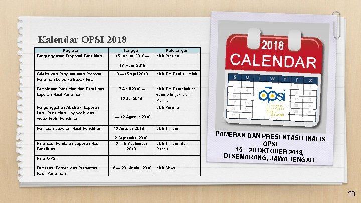 Kalendar OPSI 2018 Kegiatan Pengunggahan Proposal Penelitian Tanggal 15 Januari 2018 — Keterangan oleh