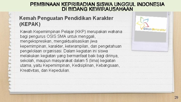 Kemah Penguatan Pendidikan Karakter (KEPAK) Kawah Kepemimpinan Pelajar (KKP) merupakan wahana bagi pengurus OSIS