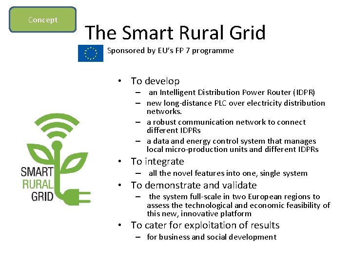 Concept The Smart Rural Grid Sponsored by EU’s FP 7 programme • To develop