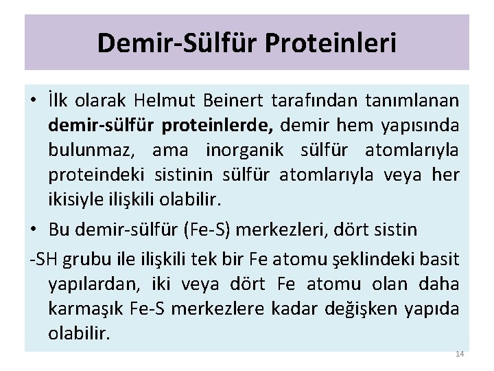 Demir-Sülfür Proteinleri • İlk olarak Helmut Beinert tarafından tanımlanan demir-sülfür proteinlerde, demir hem yapısında