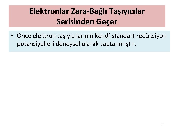 Elektronlar Zara-Bağlı Taşıyıcılar Serisinden Geçer • Önce elektron taşıyıcılarının kendi standart redüksiyon potansiyelleri deneysel