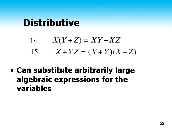 Distributive • Can substitute arbitrarily large algebraic expressions for the variables 22 