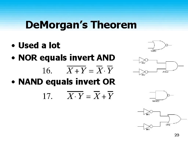 De. Morgan’s Theorem • Used a lot • NOR equals invert AND • NAND