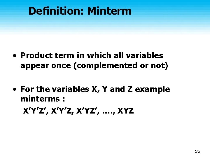 Definition: Minterm • Product term in which all variables appear once (complemented or not)