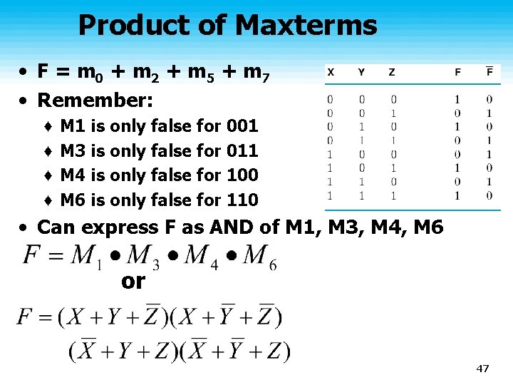 Product of Maxterms • F = m 0 + m 2 + m 5