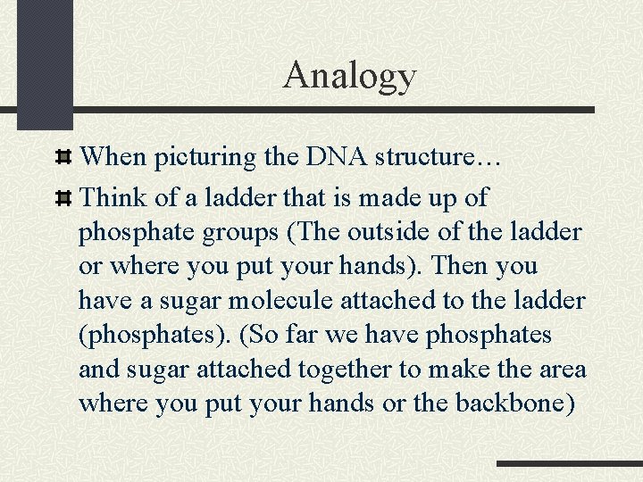 Analogy When picturing the DNA structure… Think of a ladder that is made up