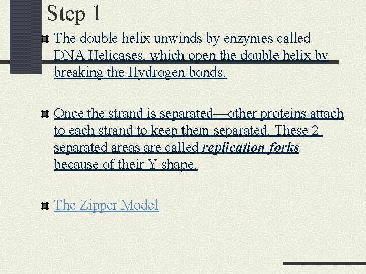 Step 1 The double helix unwinds by enzymes called DNA Helicases, which open the