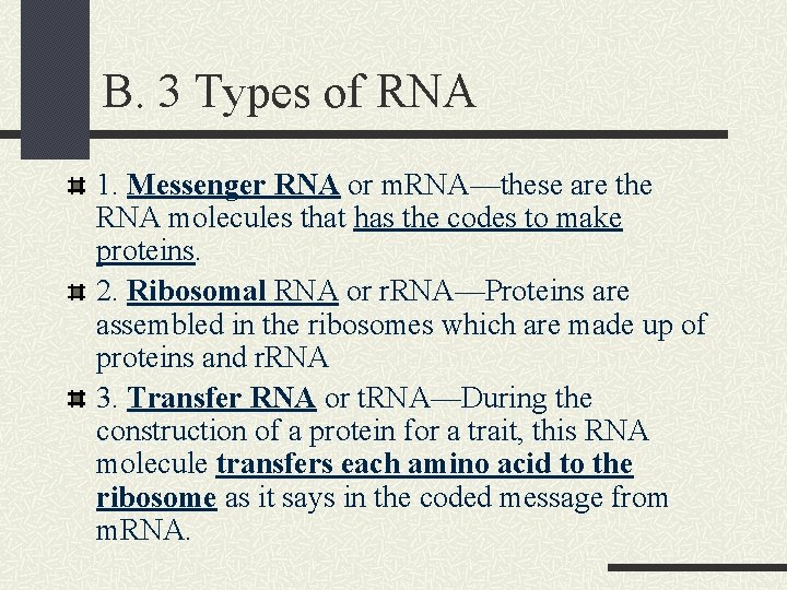B. 3 Types of RNA 1. Messenger RNA or m. RNA—these are the RNA