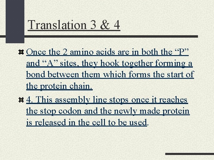 Translation 3 & 4 Once the 2 amino acids are in both the “P”