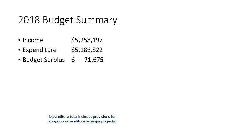 2018 Budget Summary • Income $5, 258, 197 • Expenditure $5, 186, 522 •