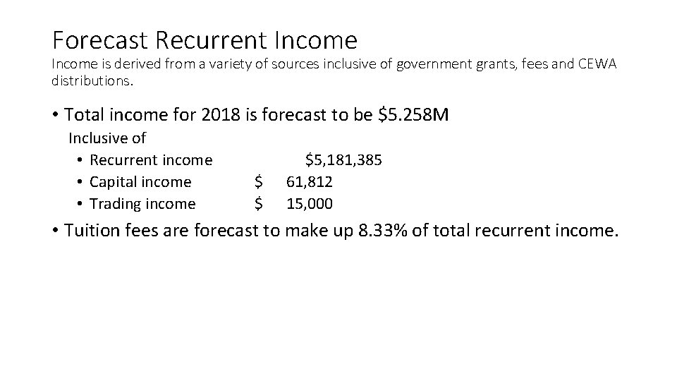 Forecast Recurrent Income is derived from a variety of sources inclusive of government grants,