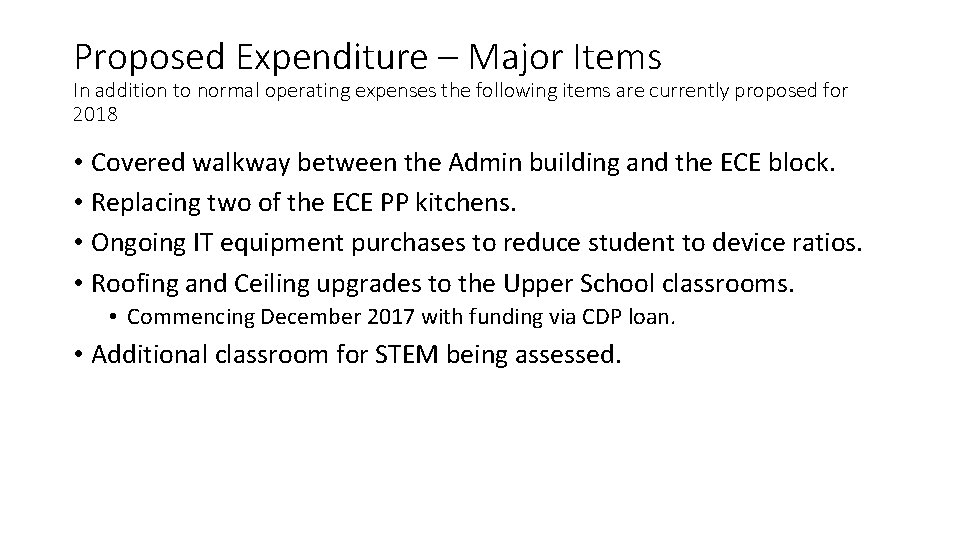 Proposed Expenditure – Major Items In addition to normal operating expenses the following items