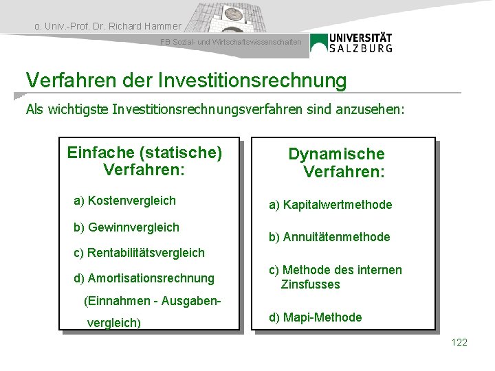 o. Univ. -Prof. Dr. Richard Hammer FB Sozial- und Wirtschaftswissenschaften Verfahren der Investitionsrechnung Als