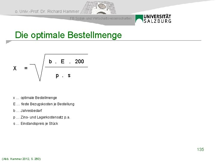 o. Univ. -Prof. Dr. Richard Hammer FB Sozial- und Wirtschaftswissenschaften Die optimale Bestellmenge b.