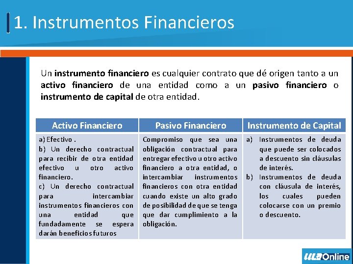 1. Instrumentos Financieros Un instrumento financiero es cualquier contrato que dé origen tanto a