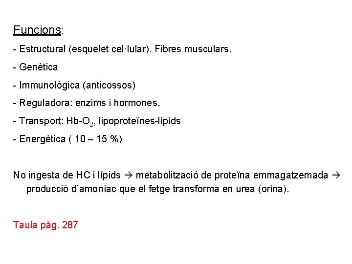 Funcions: - Estructural (esquelet cel·lular). Fibres musculars. - Genètica - Immunològica (anticossos) - Reguladora: