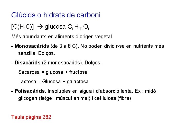 Glúcids o hidrats de carboni [C(H 20)]n glucosa C 6 H 12 O 6
