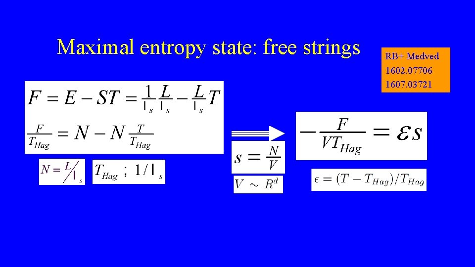 Maximal entropy state: free strings Free energy –free string RB+ Medved 1602. 07706 1607.