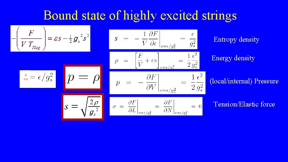 Bound state of highly excited strings Entropy density Energy density (local/internal) Pressure Tension/Elastic force