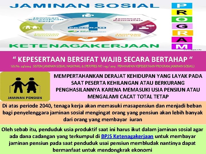 “ KEPESERTAAN BERSIFAT WAJIB SECARA BERTAHAP “ UU No. 24/2004 : SISTEM JAMINAN SOSIAL