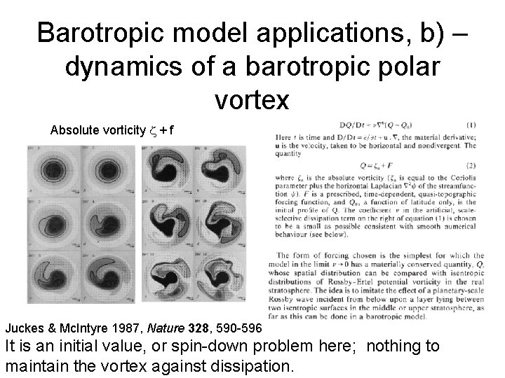 Barotropic model applications, b) – dynamics of a barotropic polar vortex Absolute vorticity +