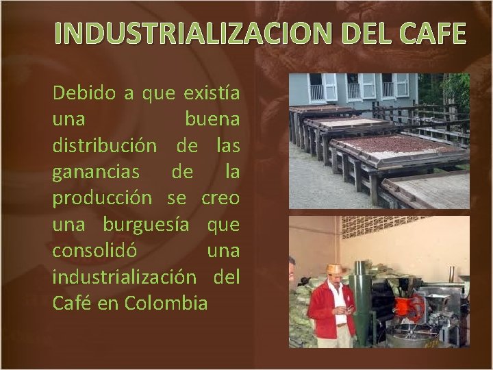 INDUSTRIALIZACION DEL CAFE Debido a que existía una buena distribución de las ganancias de